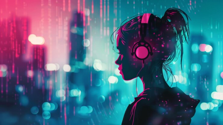 Serenidad urbana Niña joven con auriculares en un vibrante paisaje urbano de azul azul oscuro y magenta claro