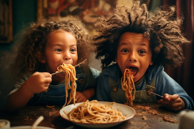 Serenidad en el vínculo entre hermanos Una deliciosa hora de almuerzo con hermanos étnicos disfrutando de deliciosos espaguetis en casa