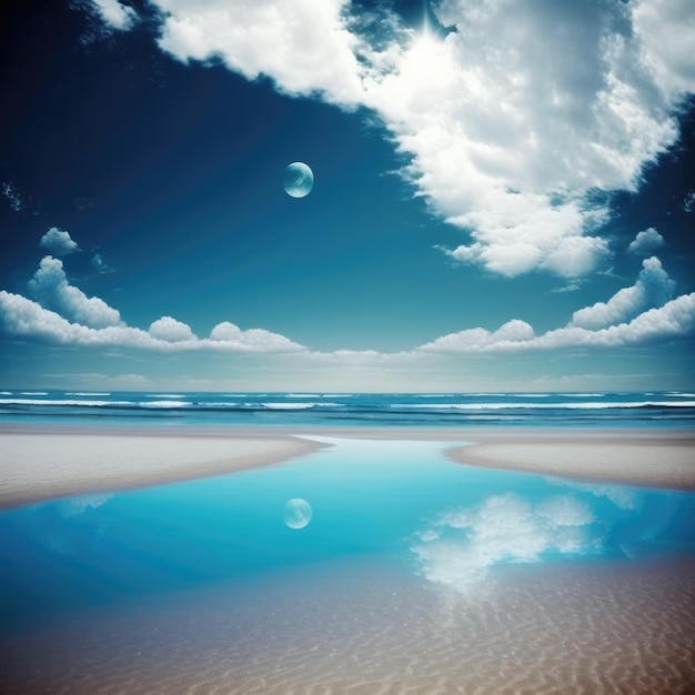 Serenidade à beira-mar Praia de areia branca e céu azul com nuvens brancas