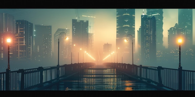 Foto serenidade ao nascer do sol na ponte suspensa