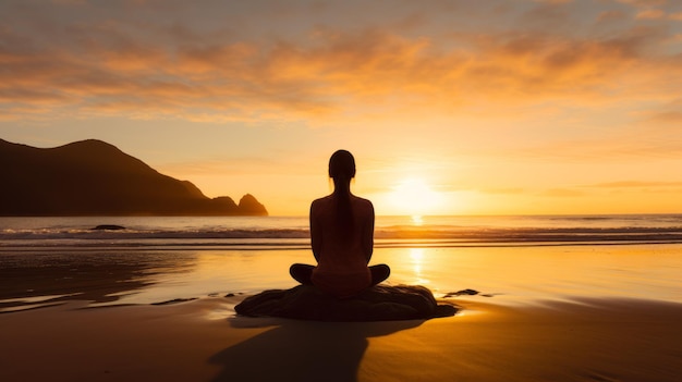 Serenidade ao pôr do sol Uma simetria calmante da meditação zen na praia