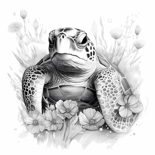 Serenidade aquática Desenho realista em preto e cinza de uma tartaruga em meio a flores florescentes