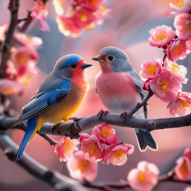 Serenidade da flor de cereja Pássaros coloridos empoleirados em uma cerejeira Para Social Media Post Size