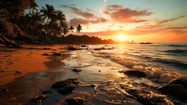 Serenidade de uma praia africana, belo momento do pôr do sol na praia