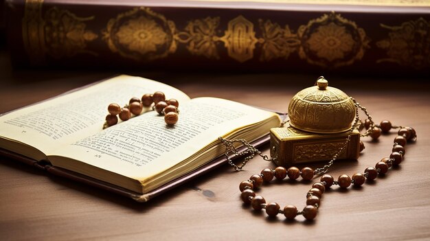 Serenidade Divina Fundo islâmico com Corão e contas de oração