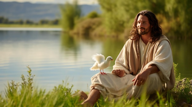 Foto serenidade divina jesus cristo à beira do lago abraçando a natureza tranquila estilo de beleza 039 2