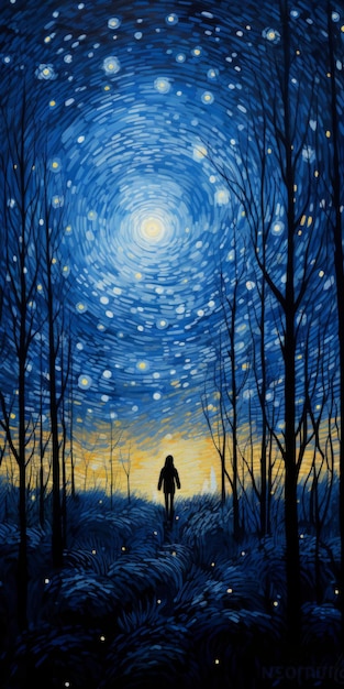 Foto serenidade e harmonia uma ilusão óptica de tirar o fôlego pintura de um menino numa floresta estrelada