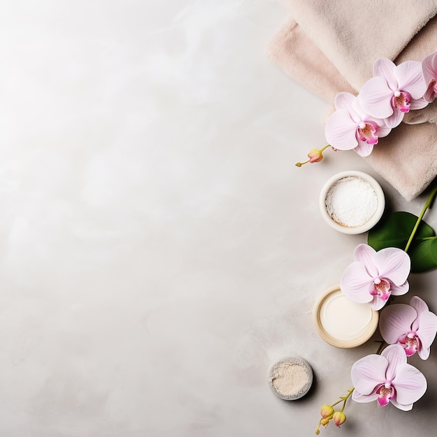 Serenidade em orquídeas florescentes e itens essenciais de spa com espaço vazio tranquilo