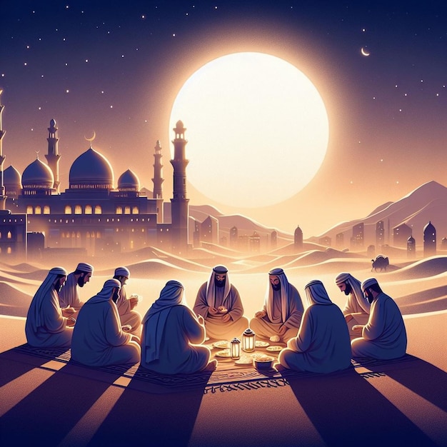 serenidade espiritual na arte digital rostos iluminados pela lua no deserto antigo iftar durante os anos 580