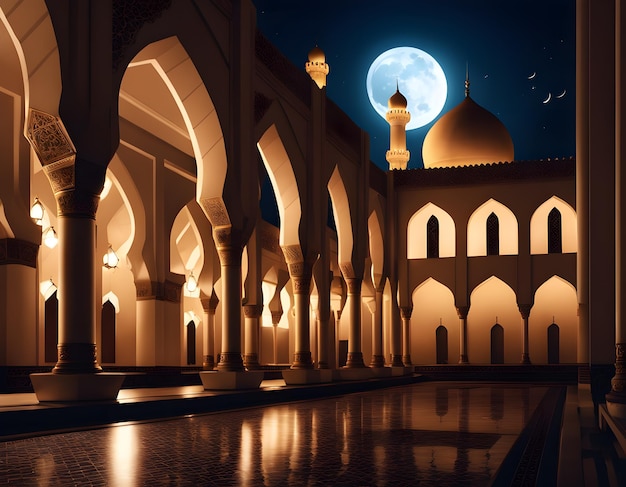 Foto serenidade iluminada uma bela mesquita no mês abençoado do ramadão à noite