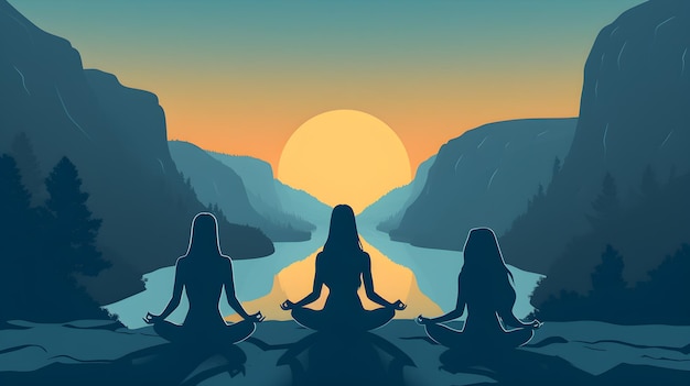 Serenidade na Arte Meditação em Grupo de Mulheres no Sunset IA Gerativa