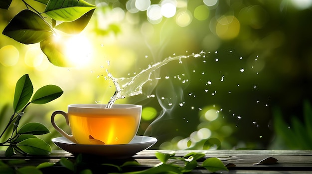 Serenidade na natureza com uma chávena de chá a luz do sol filtrando através das folhas perfeita para relaxamento ou meditação imagens de IA