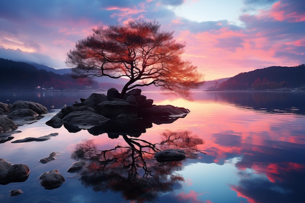 Serenidade no Sunset Reflective Lake com Lone Tree