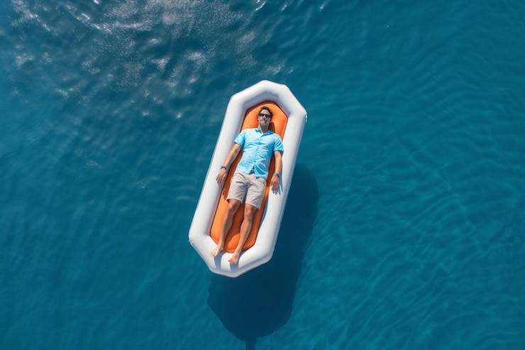 Foto serenidade nos mares homem não identificado relaxa em colchão inflável abraçando o feliz verão