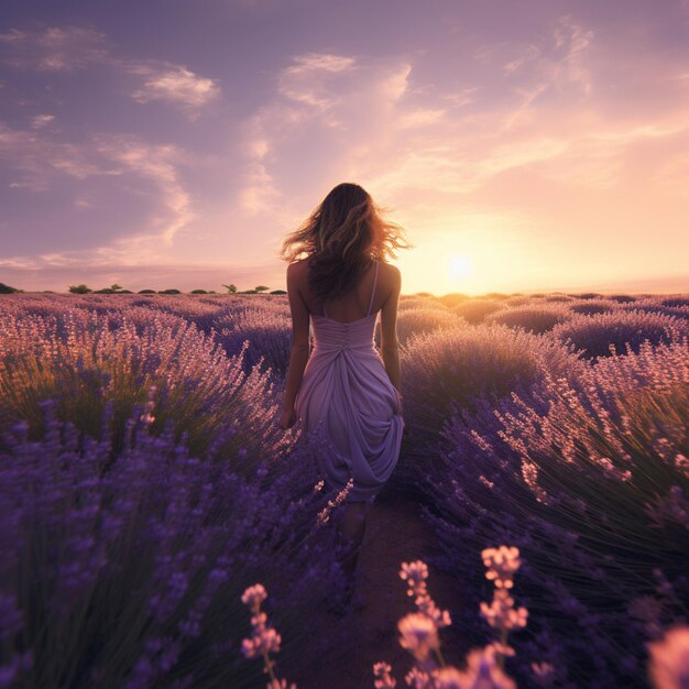 Serenidade num campo de lavanda que se estende para