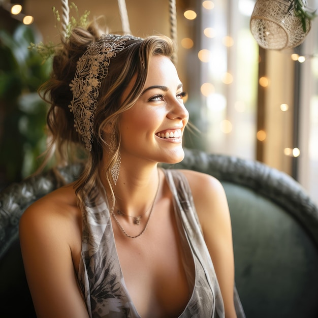 Foto serenidade radiante mulher alegre se dedica ao relaxamento