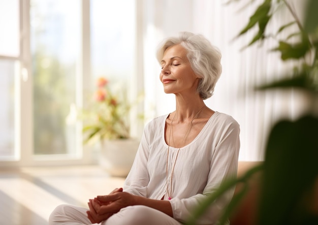 Serenidade sem idade Pessoa idosa meditando em uma sala de estar radiante Generativo A