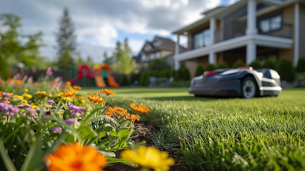 Serenidade suburbana destacada por um cortador de grama robô entre flores vibrantes em um dia ensolarado