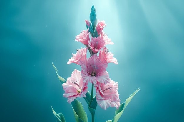 Foto serenísima escena submarina con elegantes flores de gladiolus rosadas iluminadas por los rayos del sol que penetran en el