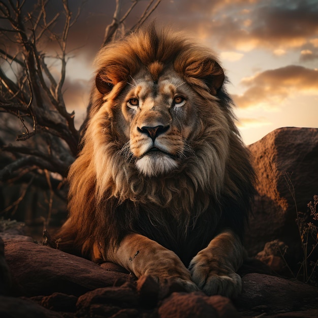 Serenity King Lion ruht sich an einem sonnigen Tag aus. Generative KI