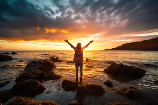 Serenity Sunset Bliss mit einer Person, die die Hände in der Nähe des Meeres hebt