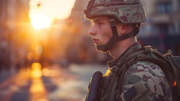 Sereno ambiente del anochecer cuando un joven soldado está vigilante en el área urbana vestimenta militar y deber durante la hora dorada retrato contemporáneo AI