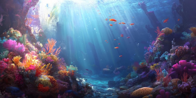 Un sereno arrecife de coral bajo el agua con peces coloridos nadando entre corales vibrantes filtrando la luz del sol