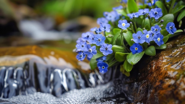 Sereno arroyo de agua con exuberantes flores azules ForgetMeNot en una roca en un entorno forestal tranquilo