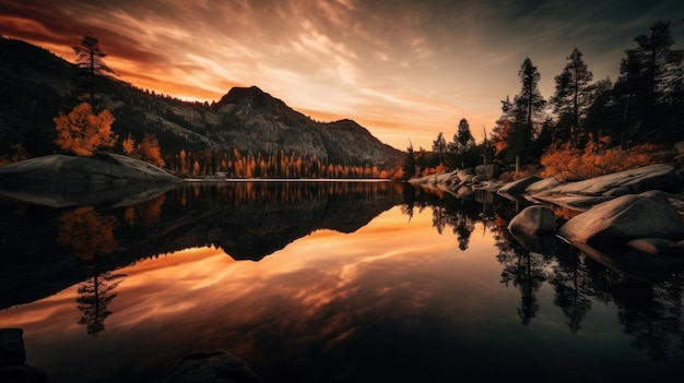 Sereno atardecer reflejado en el lago de montaña