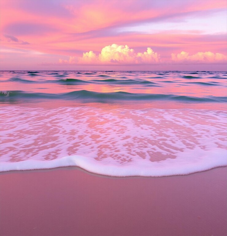 Sereno atardecer rosado sobre las tranquilas olas del océano en la playa