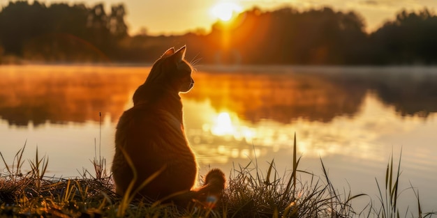 Sereno atardecer silueta de gato por el lago pacífico