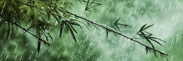 Sereno bambú en la lluvia con gotas que caen