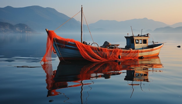 Un sereno barco pesquero refleja la tranquila puesta de sol en el agua generada por IA