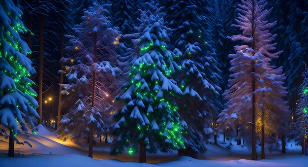 Un sereno bosque de árboles de hoja perenne cubiertos de nieve iluminados por una deslumbrante variedad de coloridos adornos navideños.