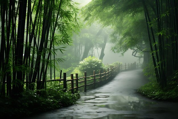 Un sereno bosque de bambú en la foto realista de la niebla de la mañana