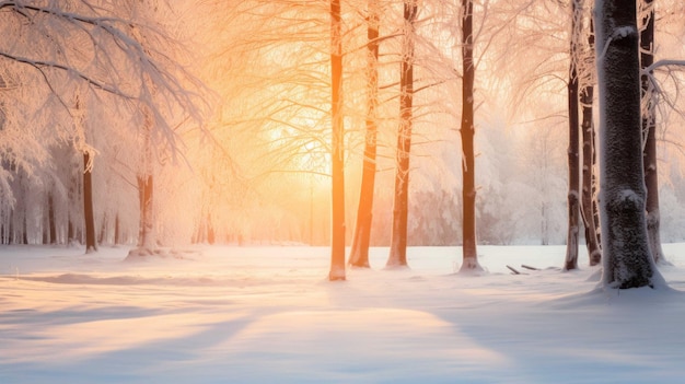 Sereno bosque cubierto de nieve en la luz de la madrugada