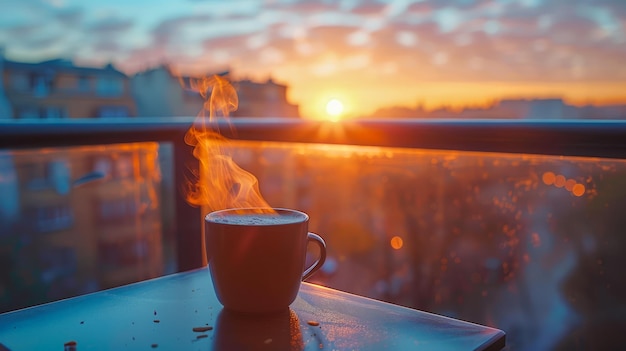 Foto sereno café matutino en un balcón con vistas al amanecer en la ciudad con la cálida luz del sol y el vapor