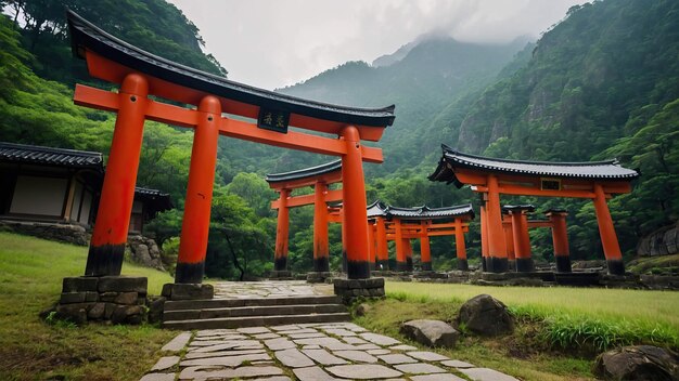 Foto un sereno camino de piedra que conduce a través de las puertas torii rodeadas de árboles de otoño