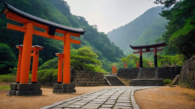 Foto un sereno camino de piedra que conduce a través de las puertas torii rodeadas de árboles de otoño