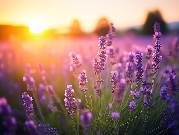 Un sereno campo de lavanda al atardecer