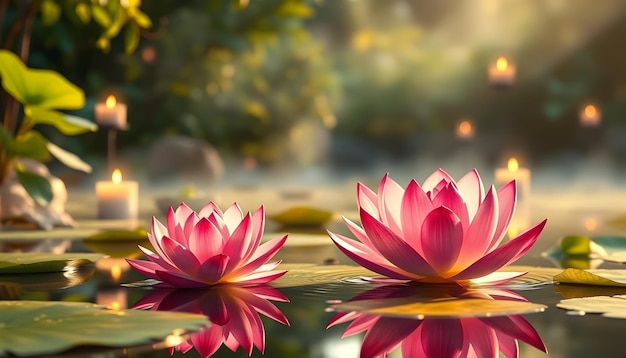 Sereno estanque de loto vibrante flor de loto rosado en flor suave luz del sol dorada calma agua reflectante