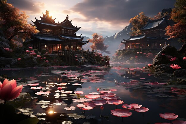 Sereno estanque de lotos al amanecer Un tranquilo santuario para la reflexión