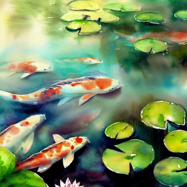 sereno estanque de peces koi con nenúfares pintura de acuarela