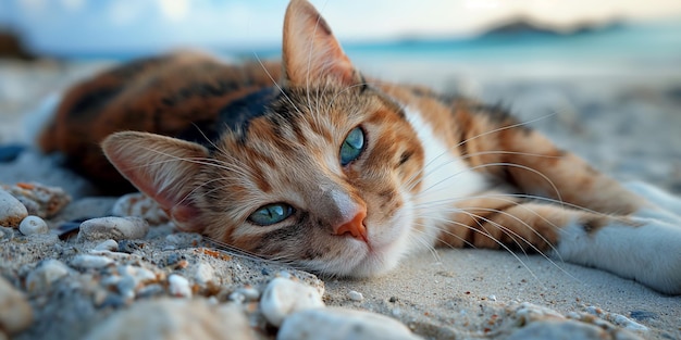 Un sereno gato calico relajándose en una playa de arena con un cielo azul claro