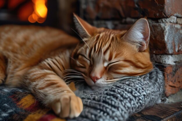 Un sereno gato rojo disfruta de un sueño reparador en una suave manta disfrutando del suave calor que emana de la encendida chimenea detrás de él