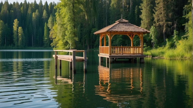 Sereno gazebo junto al lago en el verde