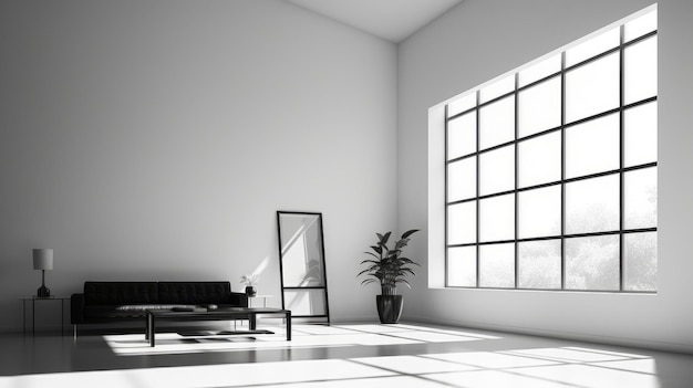 Sereno interior minimalista en blanco y negro con una habitación espaciosa y mucha luz natural