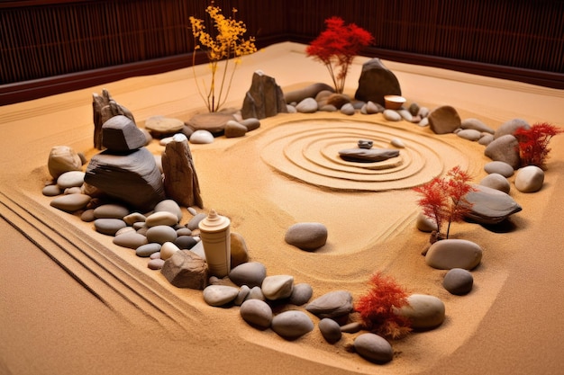 Sereno jardín zen con arena rastrillada y piedras lisas creadas con inteligencia artificial generativa