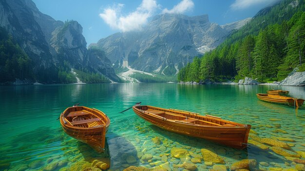 Foto el sereno lago de braies con los tradicionales barcos de madera en los alpes dolomitas, italia