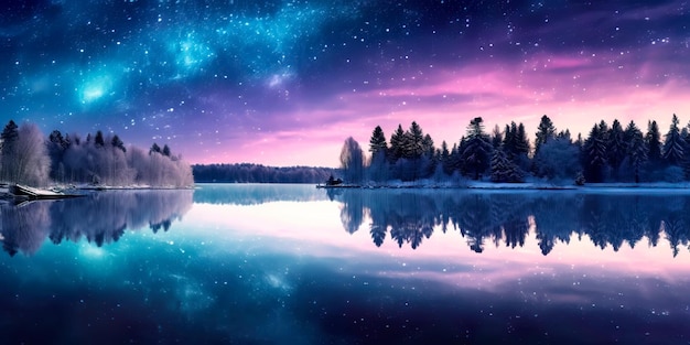sereno lago invernal con patinadores sobre hielo deslizándose con gracia bajo un cielo nocturno estrellado IA generativa